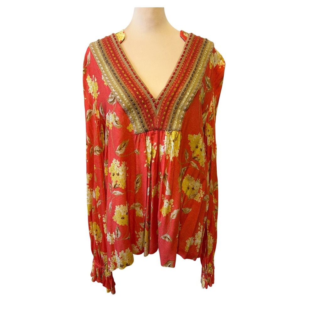 Blank London Blouse Size L Red Floral Embroidered V-Neck Top Boho Beach Peasant